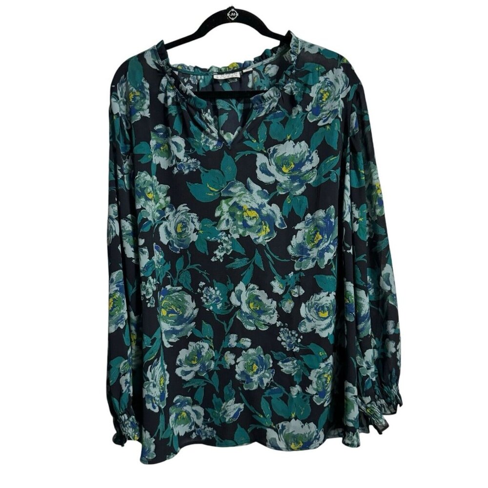 JOAN RIVERS Womens‎ Top 3X Floral 3/4 Sleeve Sheer Blue